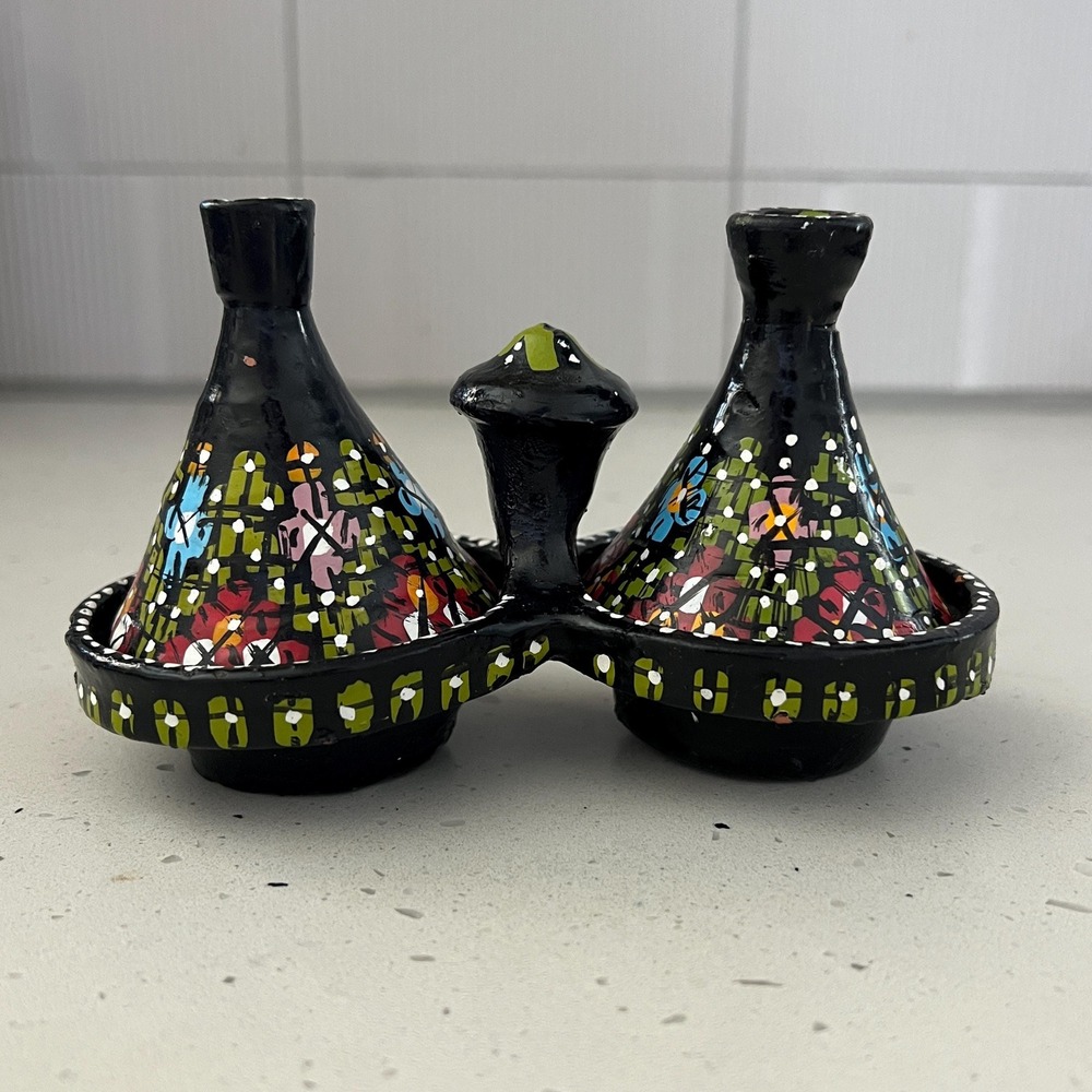 Hand Painted Moroccan Mini Tagine Condiment Set Black Ceramic‎ Boho Table Decor